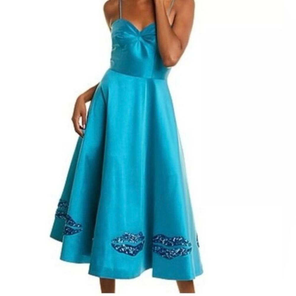Sachin & Babi Tea length Gown-size 4 teal, metallic sequin lips detail formal